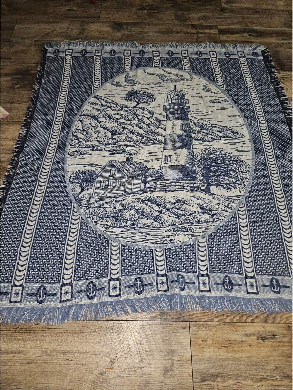 Nautical Themed Blue and White Sofa Throw with Lighthouse Design